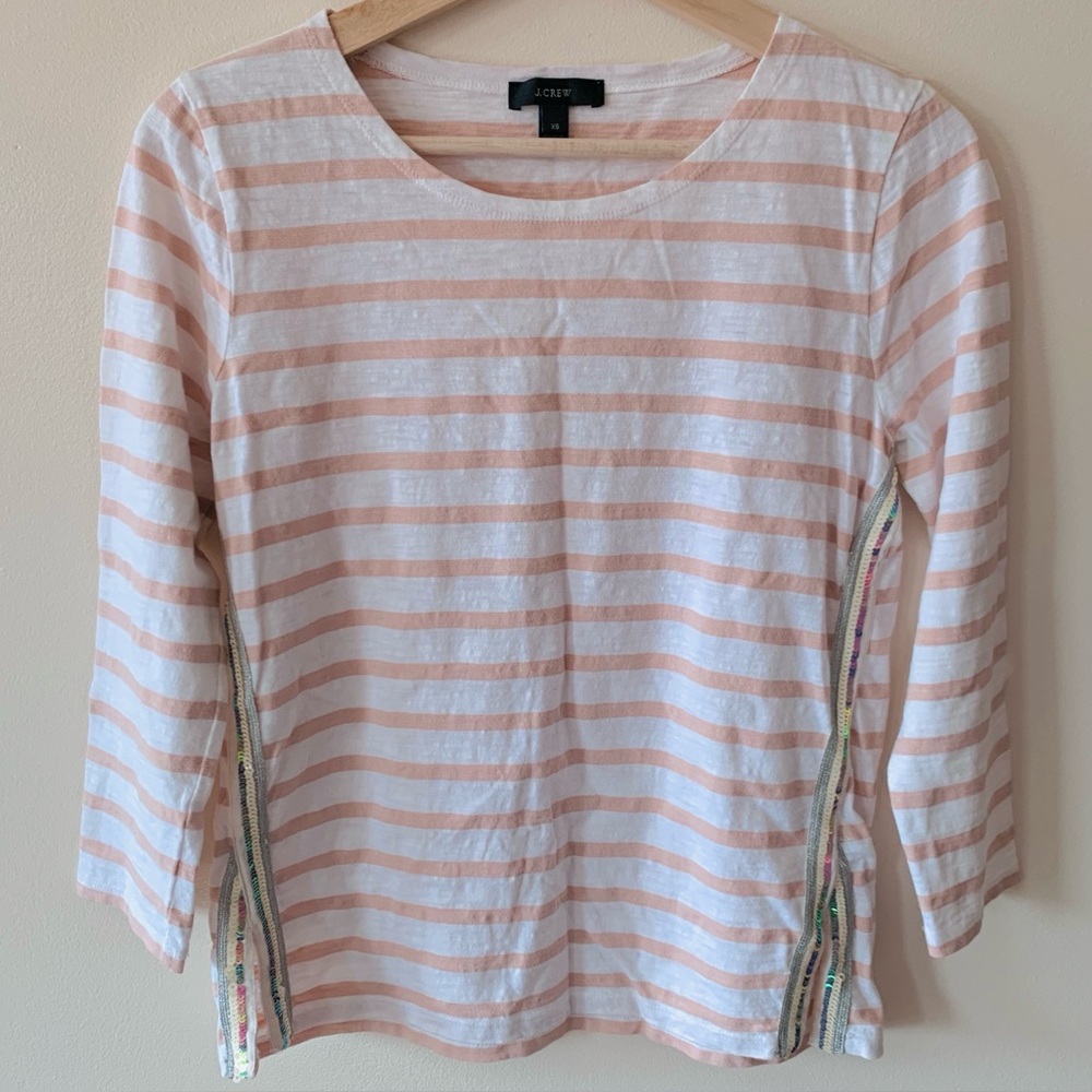 J. Crew • XS • Striped 3/4 Sleeve 100% Cotton Top Sequin Side Stripe